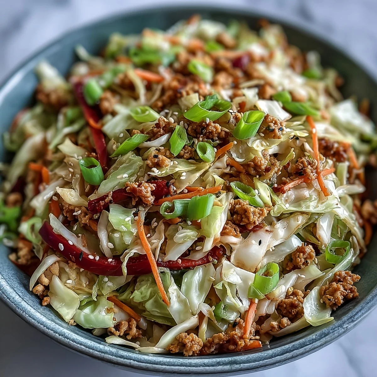 Tender ground turkey and julienned carrots in High-Volume Cabbage and Turkey Stir-Fry, plated next to steamed brown rice for a high-protein family meal.