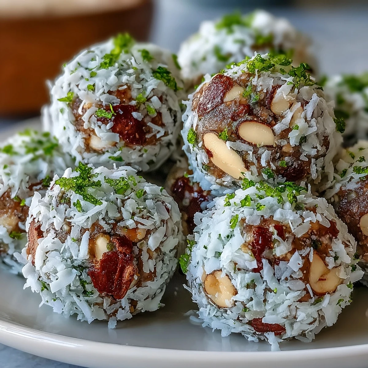 Freshly rolled Vegan Coconut Lime Energy Balls with dates and cashews coated in shredded coconut on a tray.