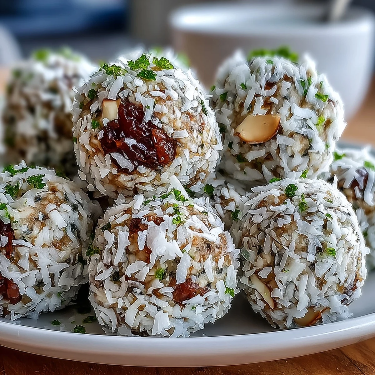 Chilled Vegan Coconut Lime Energy balls with dates and cashews packed in a clear jar for grab-and-go snacking.