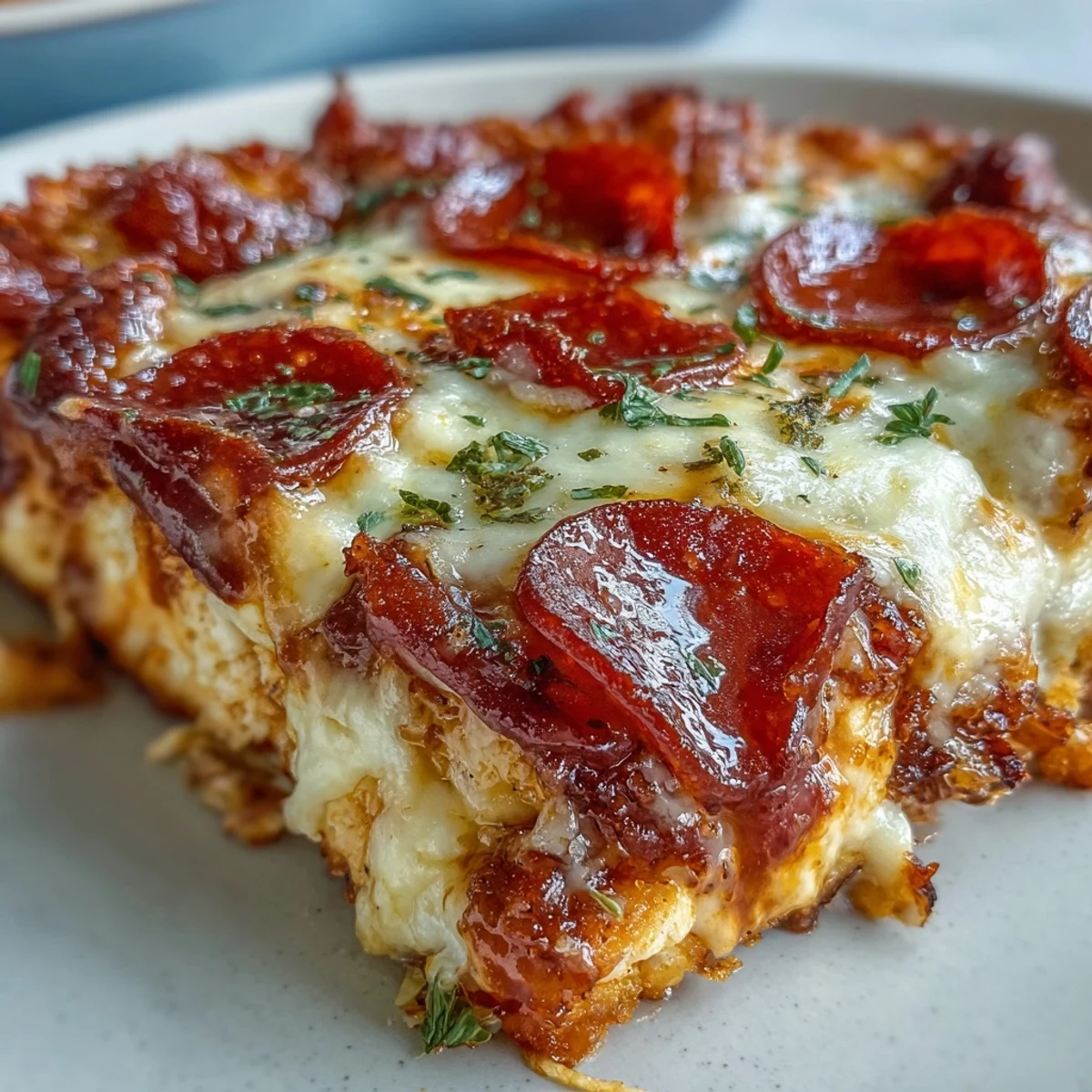 Freshly baked Keto Pepperoni Pizza Chicken Bake with melted mozzarella and bubbly golden cheese topping.