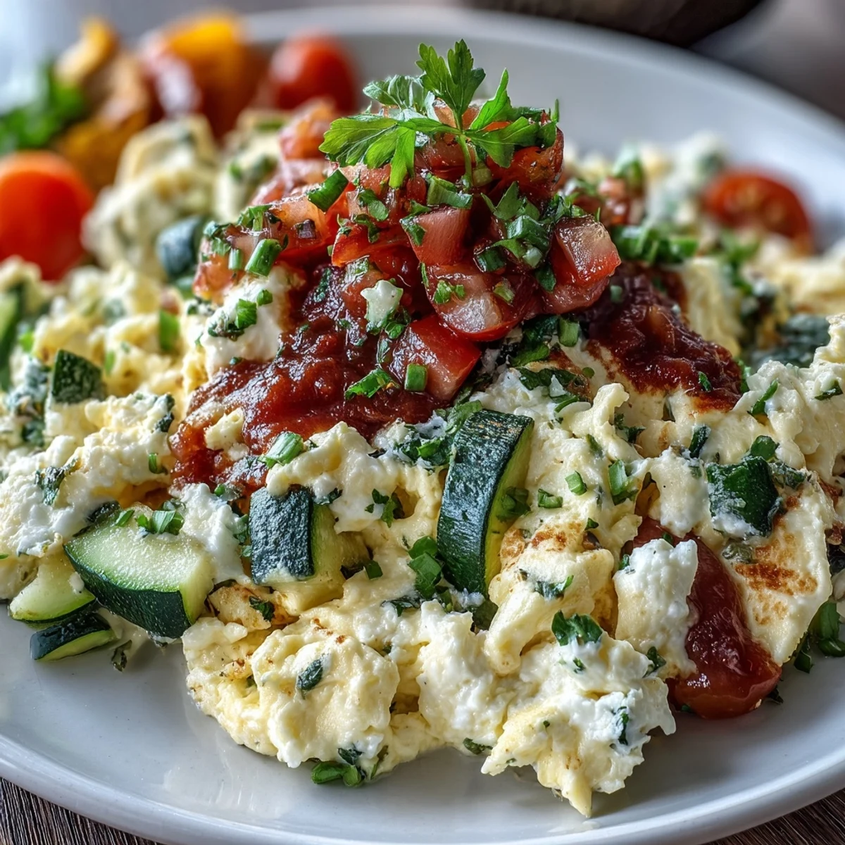 Fluffy Egg White Veggie Scramble with Salsa topped with fresh cilantro on a white plate.