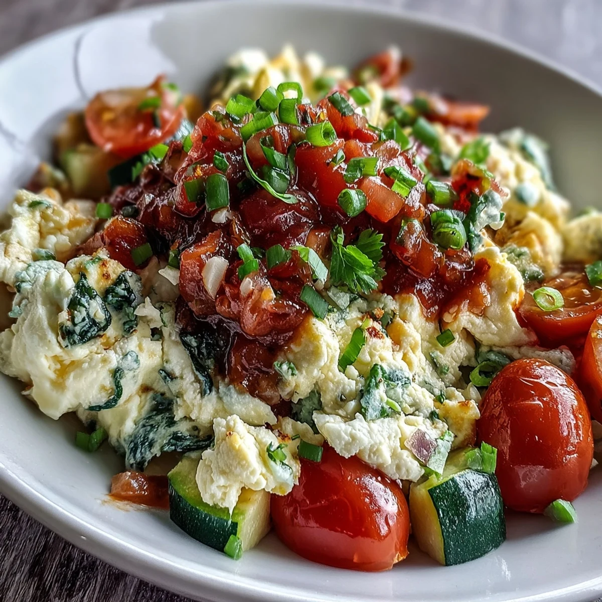 Steaming hot Egg White Veggie Scramble with Salsa served alongside whole grain toast for breakfast.