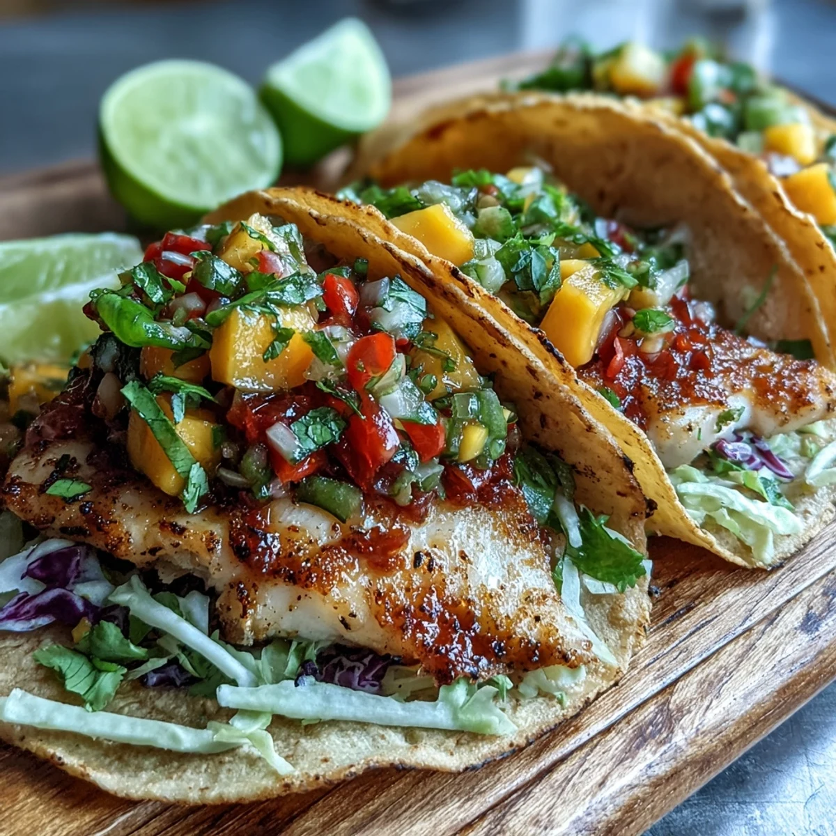 Pan-seared Light Mango Salsa Tilapia Tacos in Corn Tortillas topped with fresh mango salsa and shredded cabbage.
