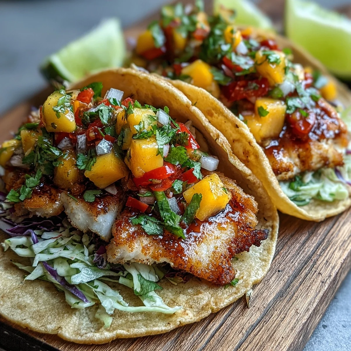 Freshly assembled Light Mango Salsa Tilapia Tacos in Corn Tortillas featuring flaky fish and vibrant diced mango.