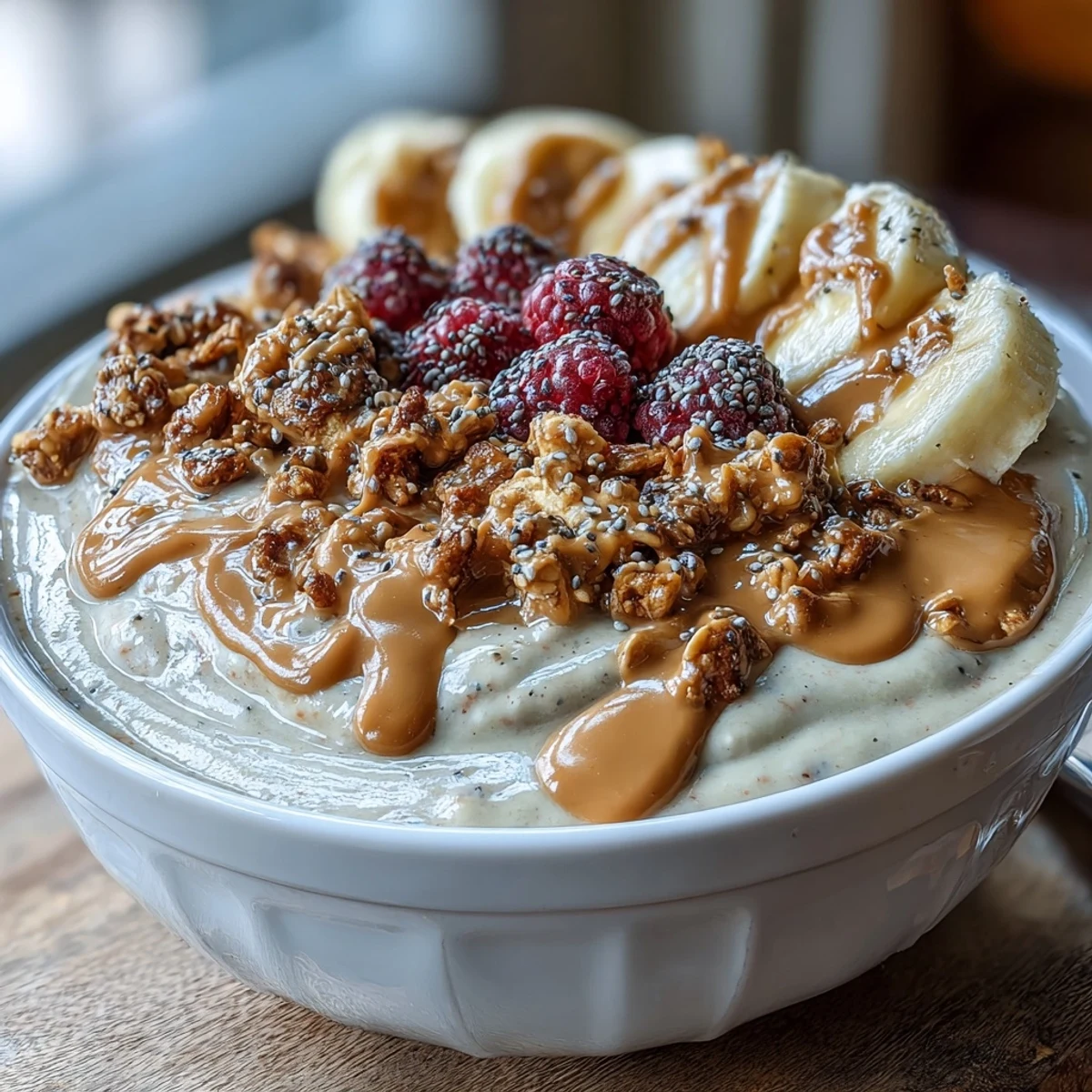 Creamy Vegan Peanut Butter Banana Protein Smoothie Bowl topped with fresh berries, sliced banana, and crunchy granola in a white bowl.