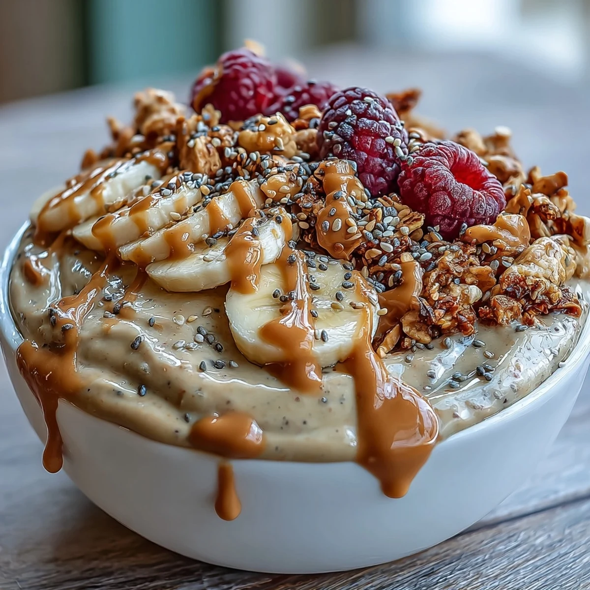 Vibrant Vegan Peanut Butter Banana Protein Smoothie Bowl with a thick peanut butter drizzle and chia seeds, ready for a nutritious breakfast.