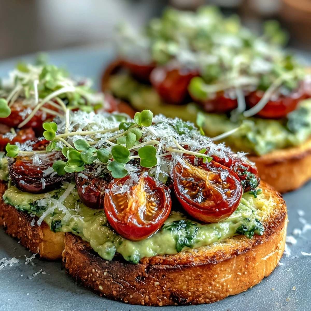 A nourishing open-faced toast featuring rich avocado pesto, sweet cherry tomatoes, and peppery microgreens on rustic sourdough.
