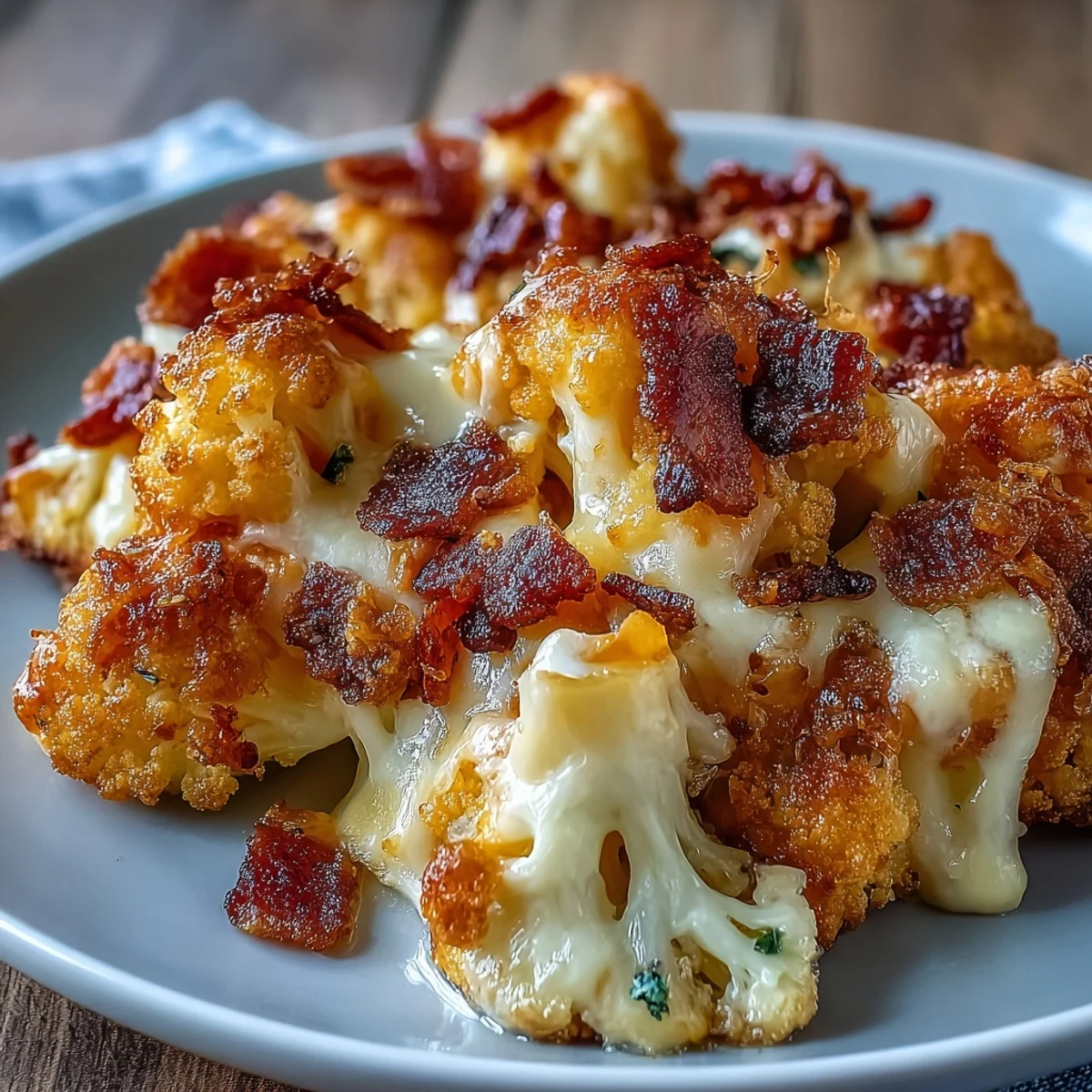 Golden roasted cauliflower smothered in rich cheddar and mozzarella sauce, baked with smoky bacon crumbs for a keto-friendly twist.  
