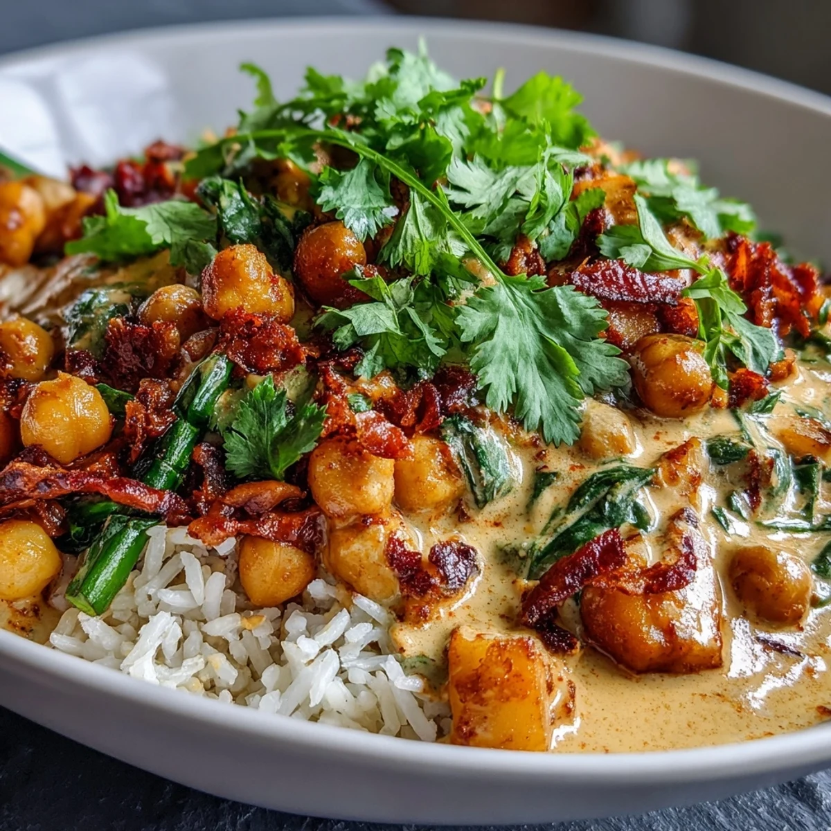 Creamy vegan mango coconut chickpea curry served over fluffy rice with vibrant red bell peppers and fresh cilantro. A quick, tropical weeknight dinner bursting with flavor.