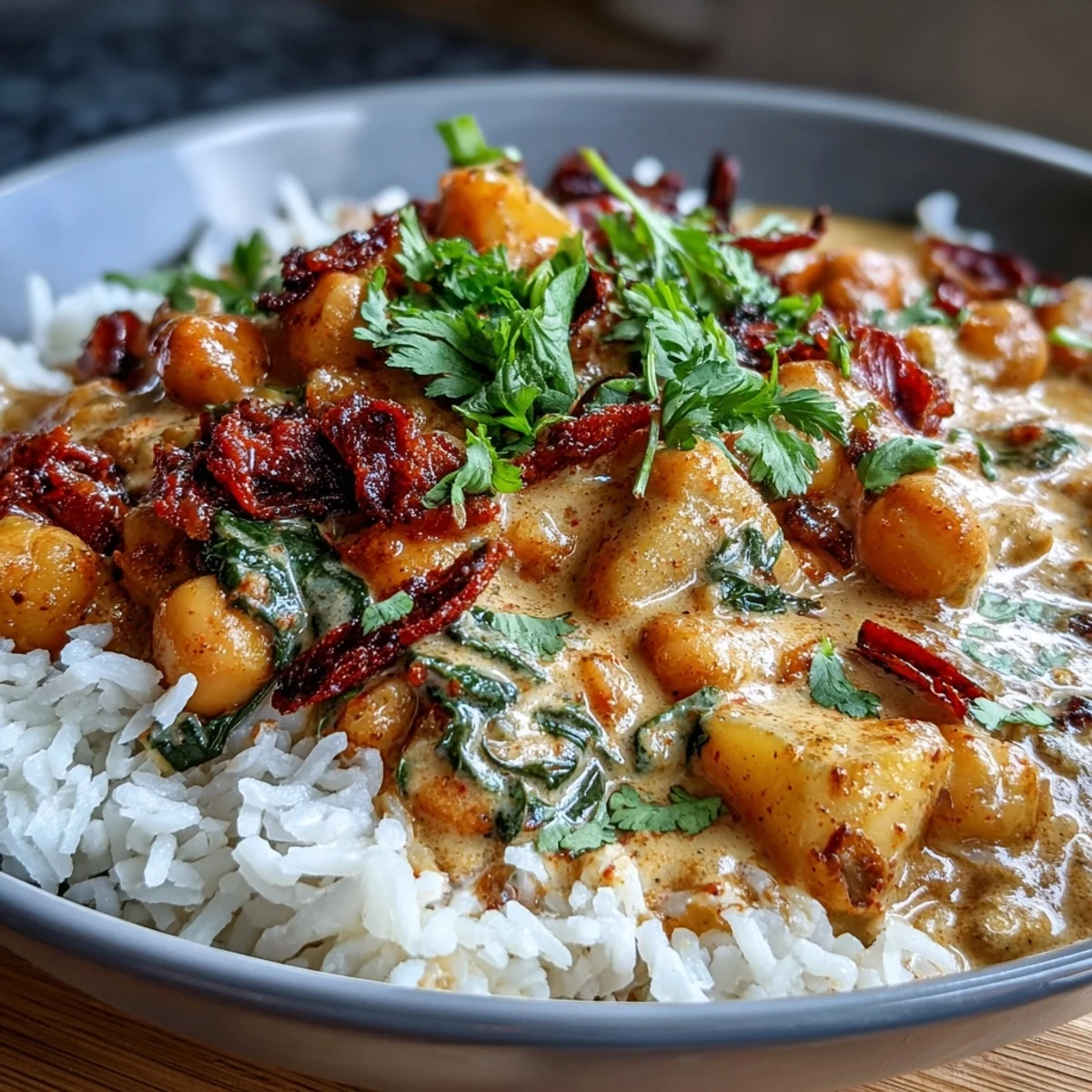Aromatic curry featuring sweet mango, tender chickpeas, and creamy coconut milk, garnished with fresh cilantro and served over steamed basmati rice. Perfect for busy evenings.
