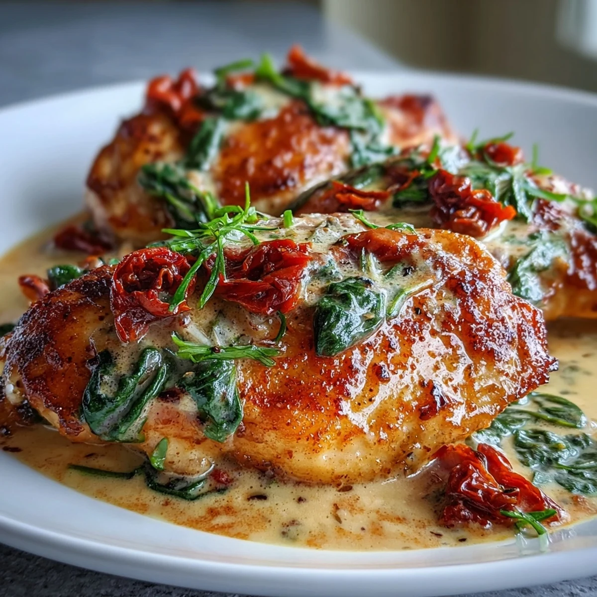 Juicy pan-seared chicken breasts simmered in a luscious keto cream sauce with wilted spinach and tangy sun-dried tomatoes.  