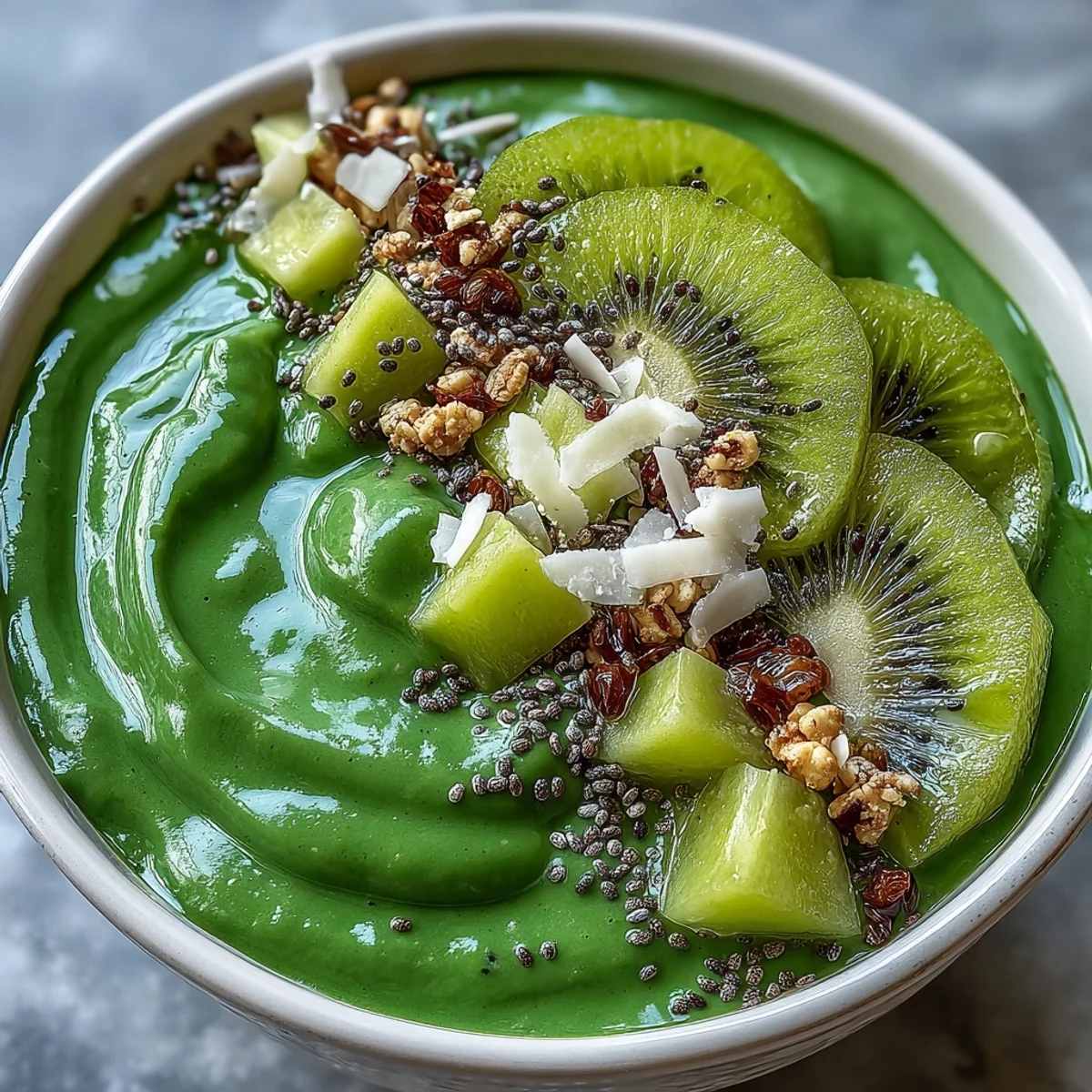 A vibrant vegan smoothie bowl topped with tropical mango, chia seeds, and fresh kiwi slices for a nourishing breakfast.