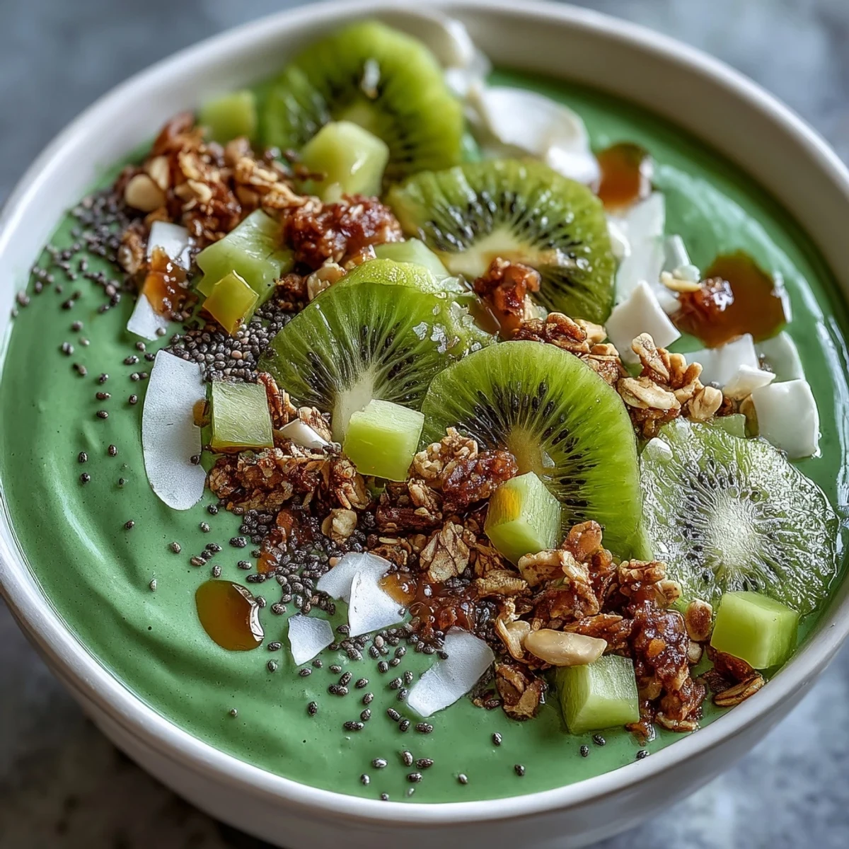 A refreshing tropical smoothie bowl with pineapple, mango, and lime, finished with crunchy granola and mint leaves.