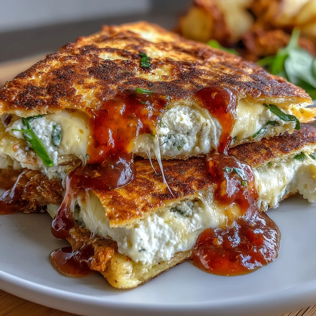 Crispy flour tortilla filled with sweet-spicy chili jam and tangy goat cheese, served warm and golden.
