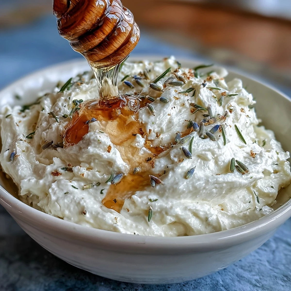 Tangy whipped feta spread with a sweet-salty honey drizzle, accented by floral petals and black pepper for depth.