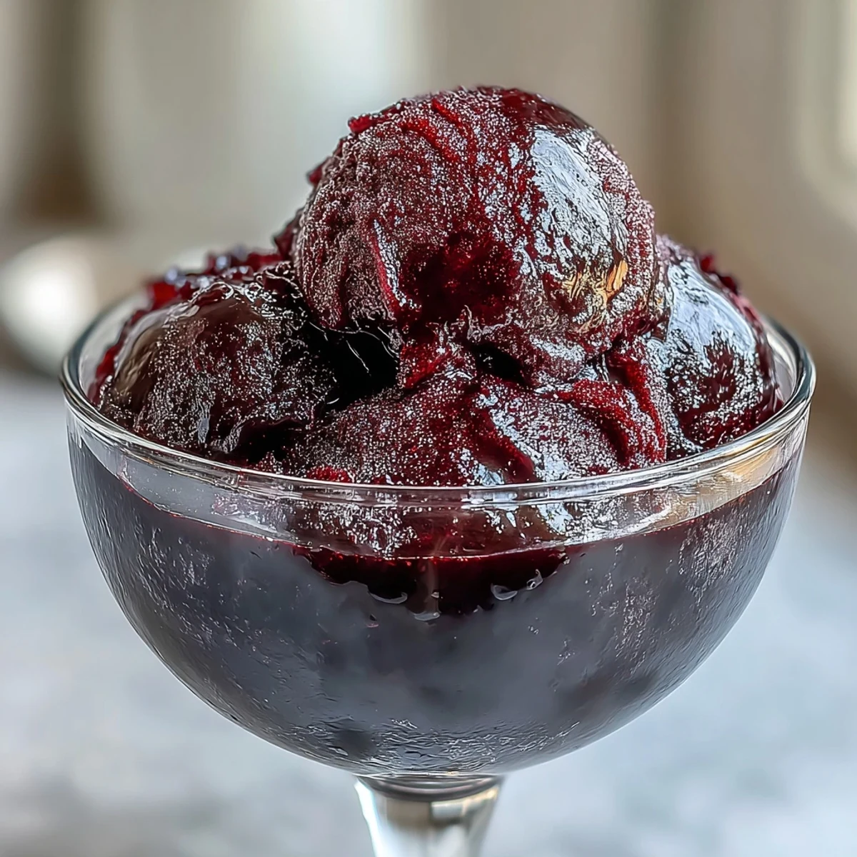 A vibrant black currant & gin sorbet with deep purple hues, garnished with fresh mint and served in chilled glasses.