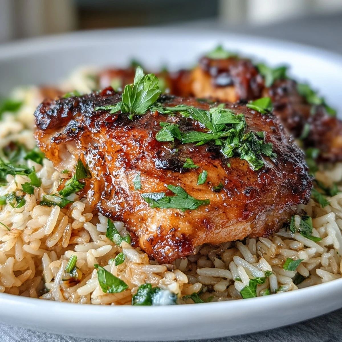 Golden seared chicken thighs rest atop fluffy basmati rice, infused with paprika, garlic, and bell peppers for a spicy Portuguese feast.