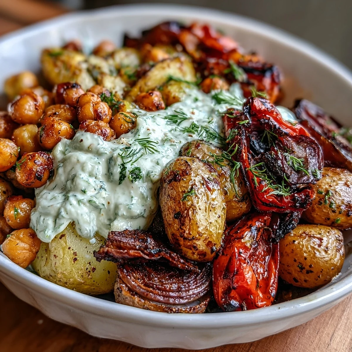 Golden roasted potatoes, bell peppers, and chickpeas topped with tangy homemade tzatziki in a nourishing vegetarian bowl.  