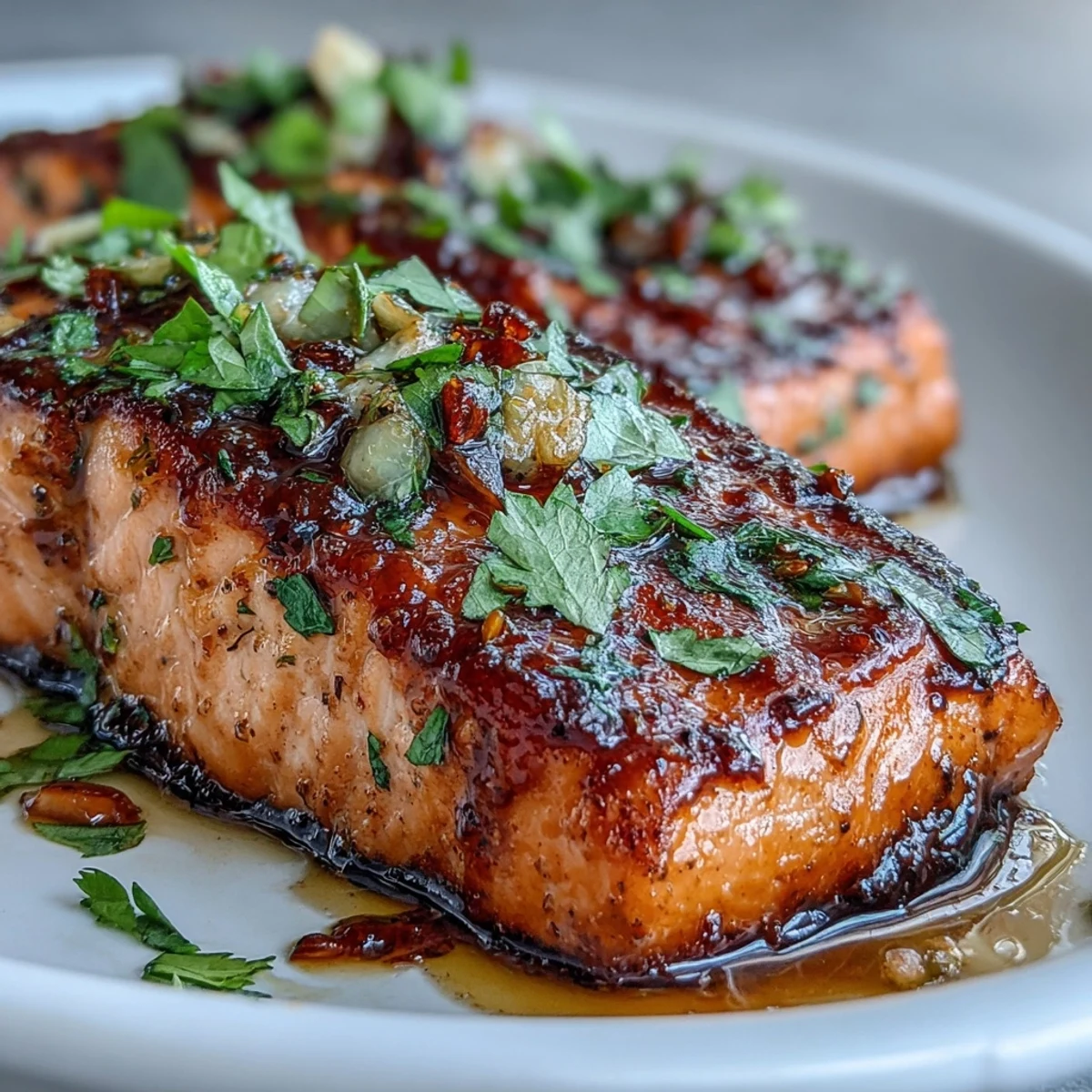 Oven-baked salmon glazed with sweet honey, zesty lime, and fragrant garlic butter, garnished with chopped cilantro for a flavorful, gluten-free dinner.