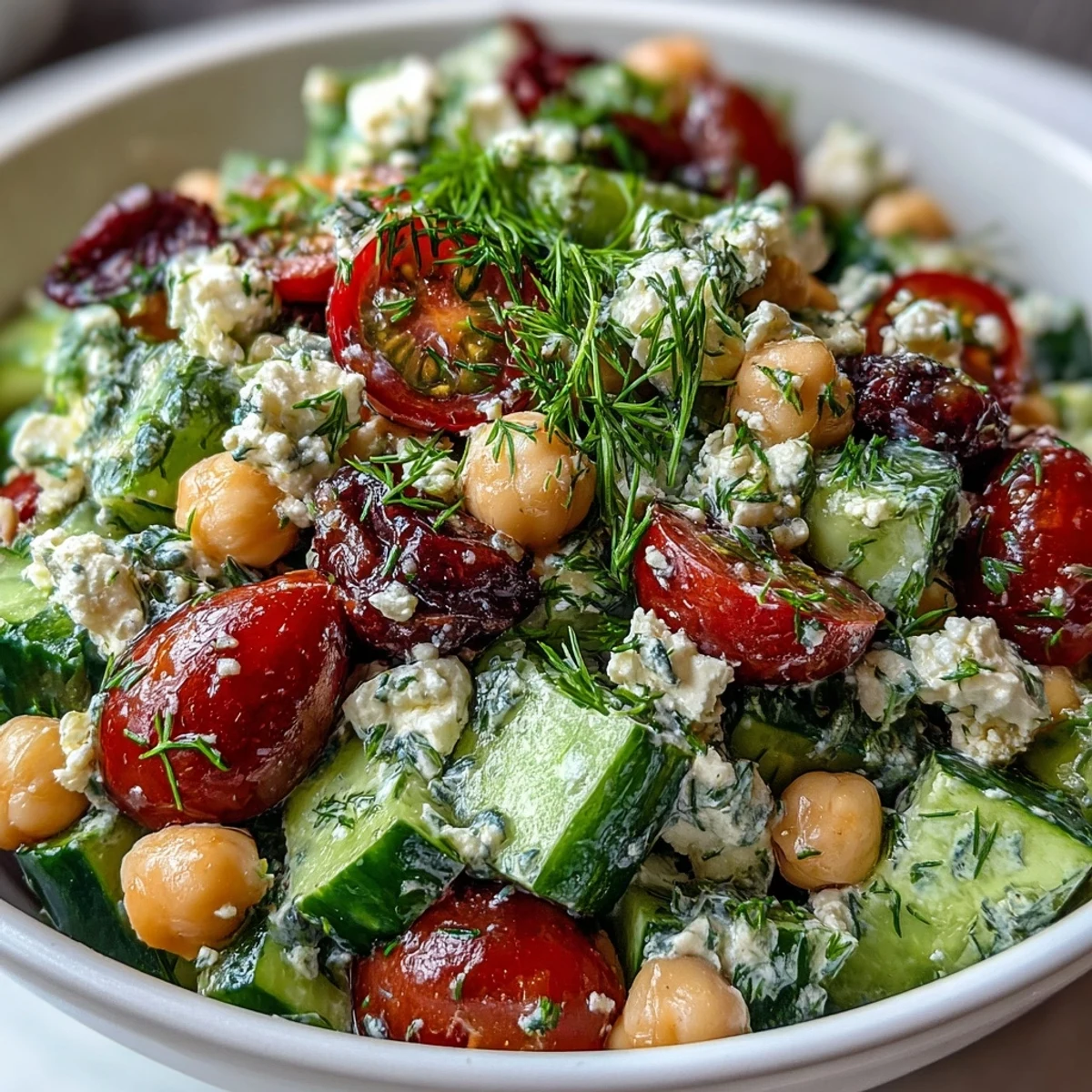 Colorful bowl of easy chickpea cucumber salad with feta and tomatoes, featuring crunchy cucumbers, juicy cherry tomatoes, and creamy feta crumbles.  