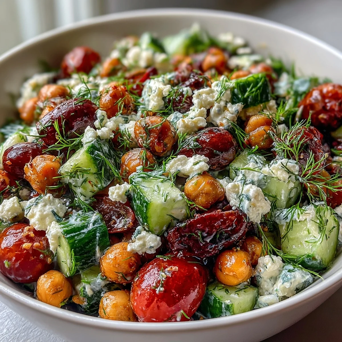 Fresh Mediterranean chickpea cucumber salad with feta and tomatoes, tossed in a zesty lemon vinaigrette and garnished with parsley.  