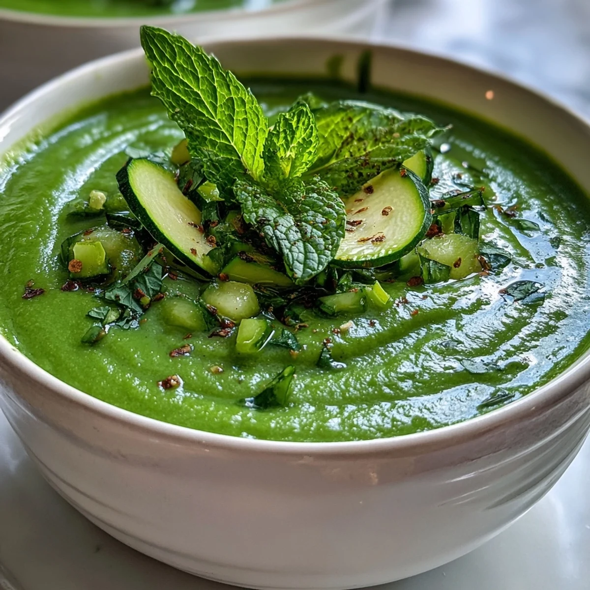 Green Detox Vegetable Soup with Zucchini and Peas, a vibrant bowl of nourishing greens and fresh herbs, perfect for a light detox meal.