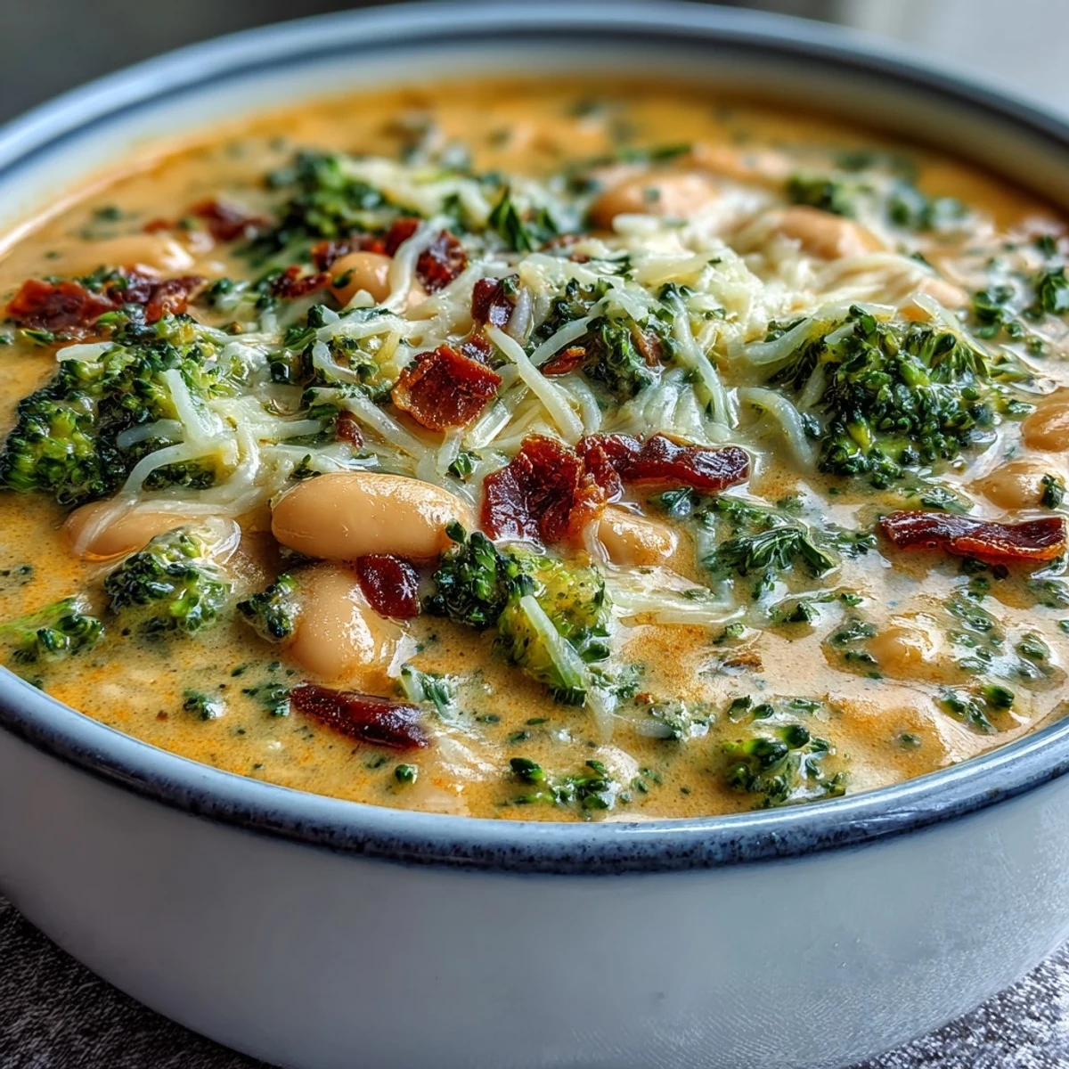 A creamy bowl of broccoli and cheddar bean soup with tender vegetables and melted cheese, perfect for a cozy dinner.
