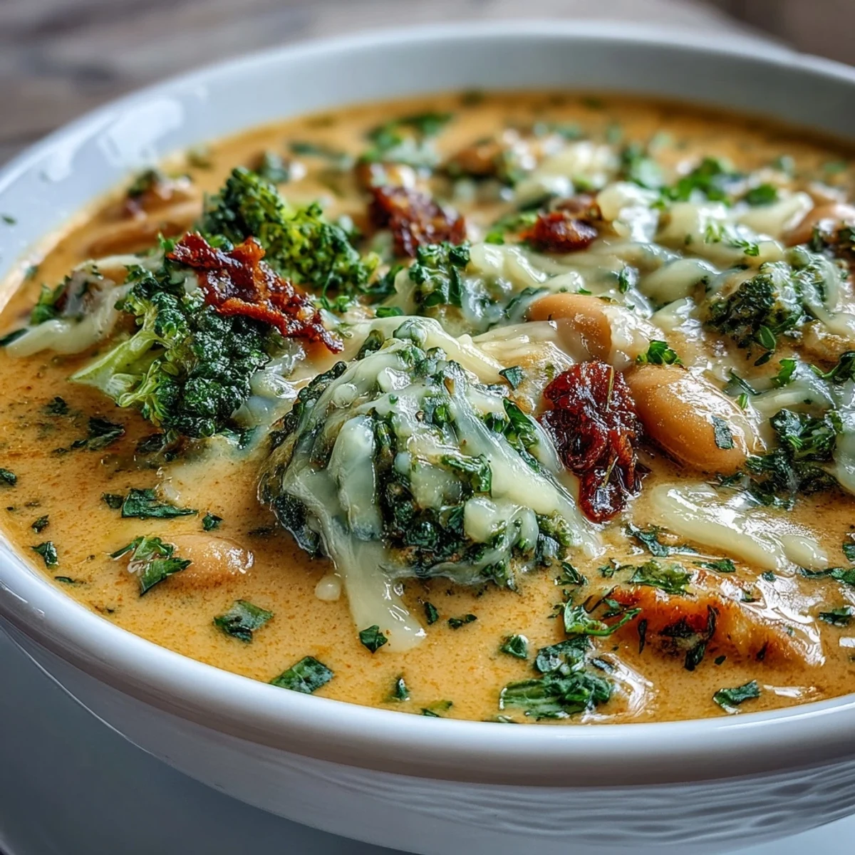 Velvety vegetarian soup featuring cannellini beans, fresh broccoli, and sharp cheddar in a rich, aromatic broth for a nourishing meal.