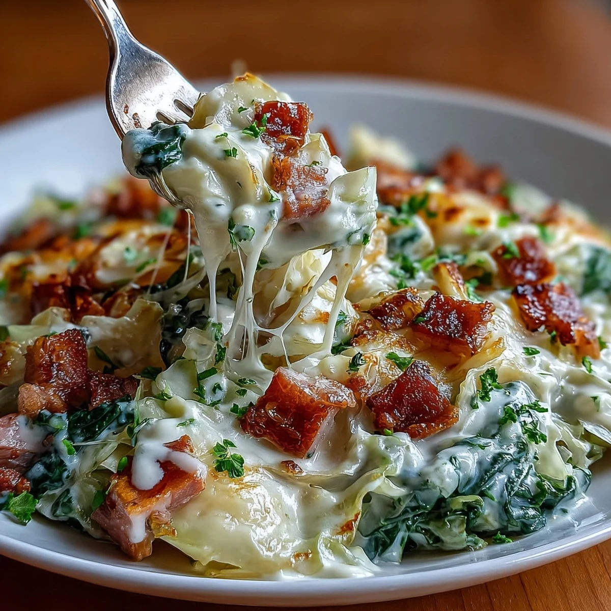 Warm and comforting Creamy Cabbage and Ham Skillet, topped with melted cheddar and fresh parsley.  