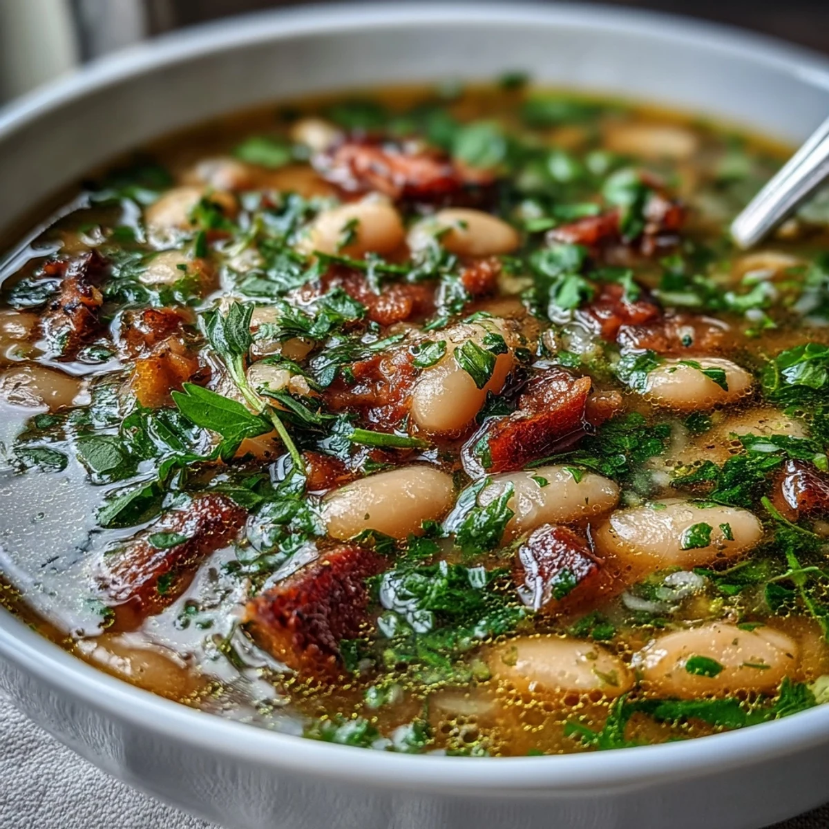 A steaming bowl of ham and cannellini bean soup with fresh parsley and thyme garnish.