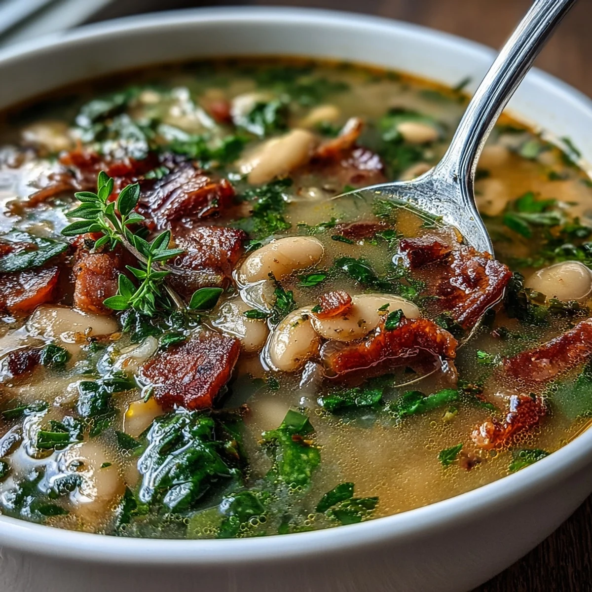 Creamy white beans and tender ham in a rich broth, topped with fresh rosemary and a drizzle of olive oil.