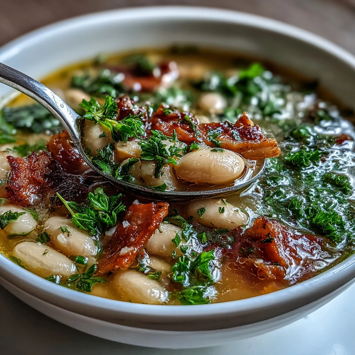 Hearty ham and cannellini bean soup with vibrant carrots, celery, and aromatic fresh herbs in a rustic bowl.