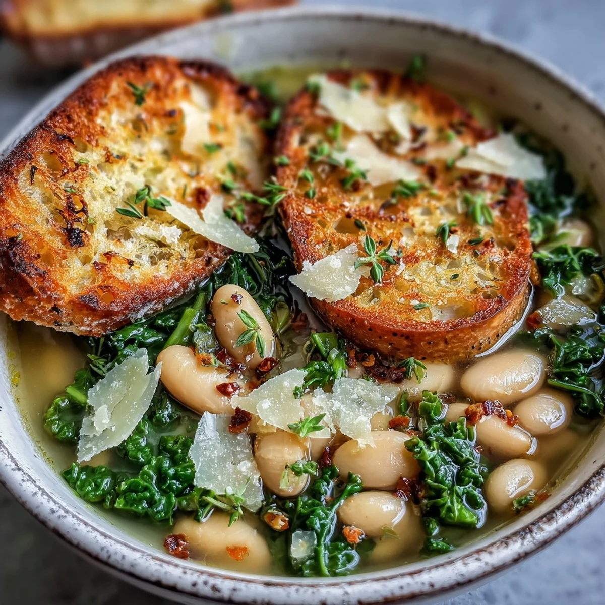 Hearty Tuscan white bean soup with kale and lemon zest in a rustic bowl, topped with Parmesan and olive oil.