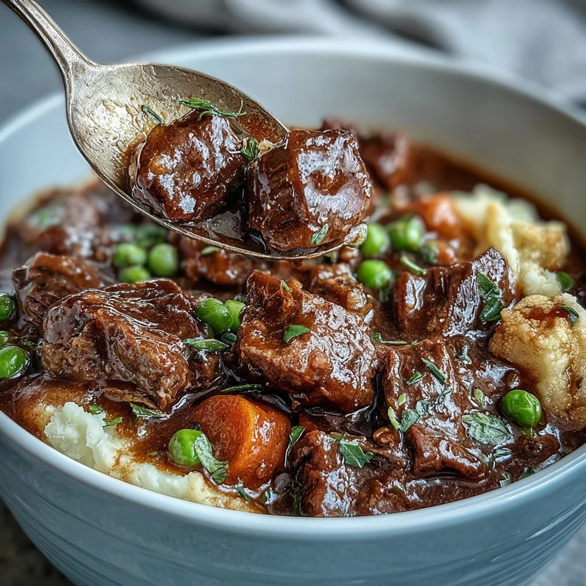 A bowl of lightened Irish beef stew with tender beef, carrots, and peas served over creamy cauliflower mash.  
