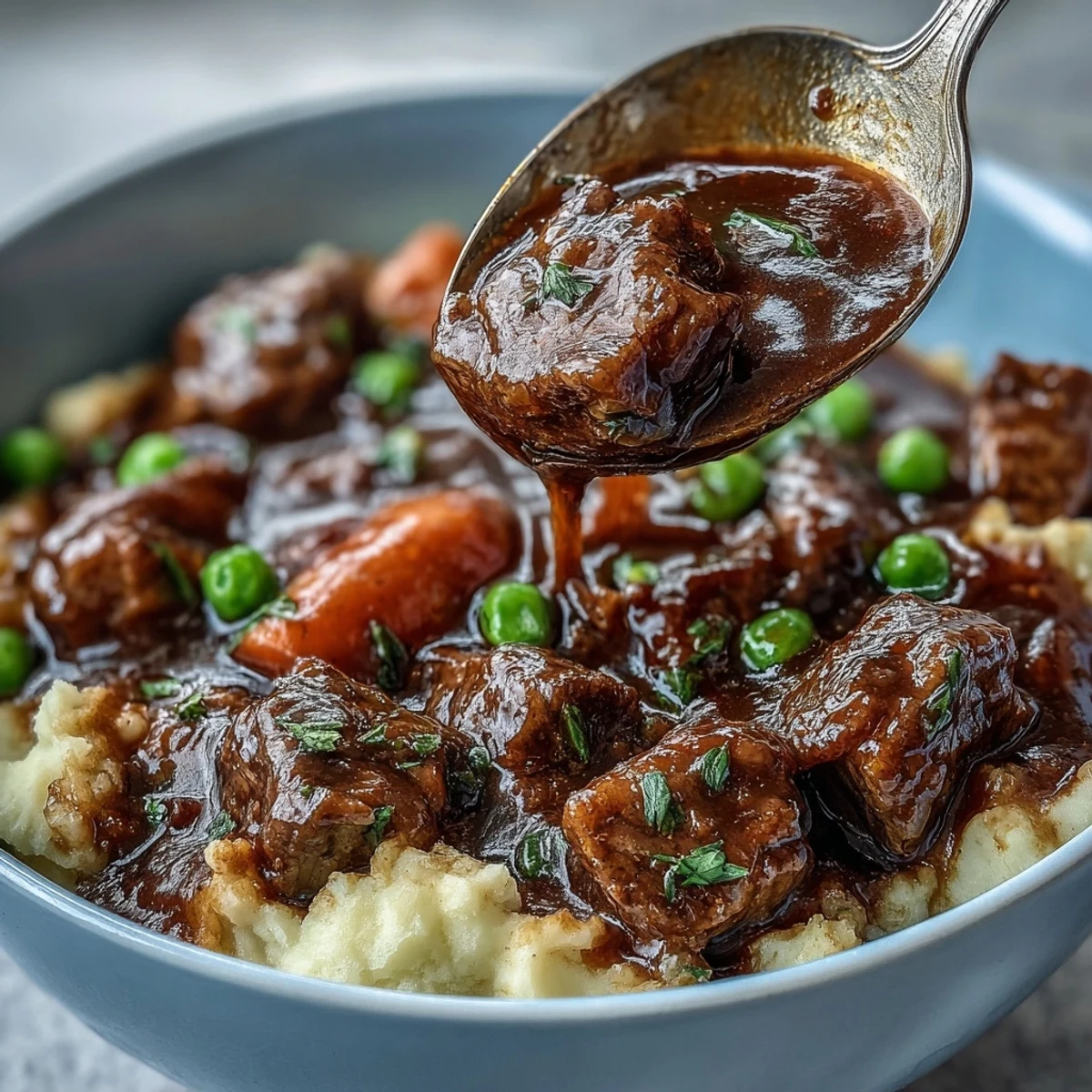 Rich and savory Irish beef stew with aromatic herbs, served with buttery cauliflower mash for a wholesome, lightened meal.