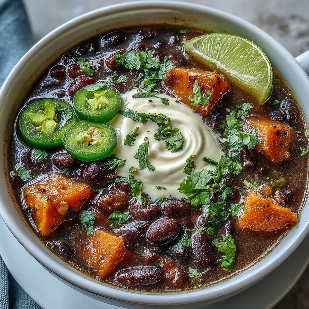 Hearty vegetarian soup with tender sweet potatoes, black beans, and a zesty lime crema topping for added brightness.  