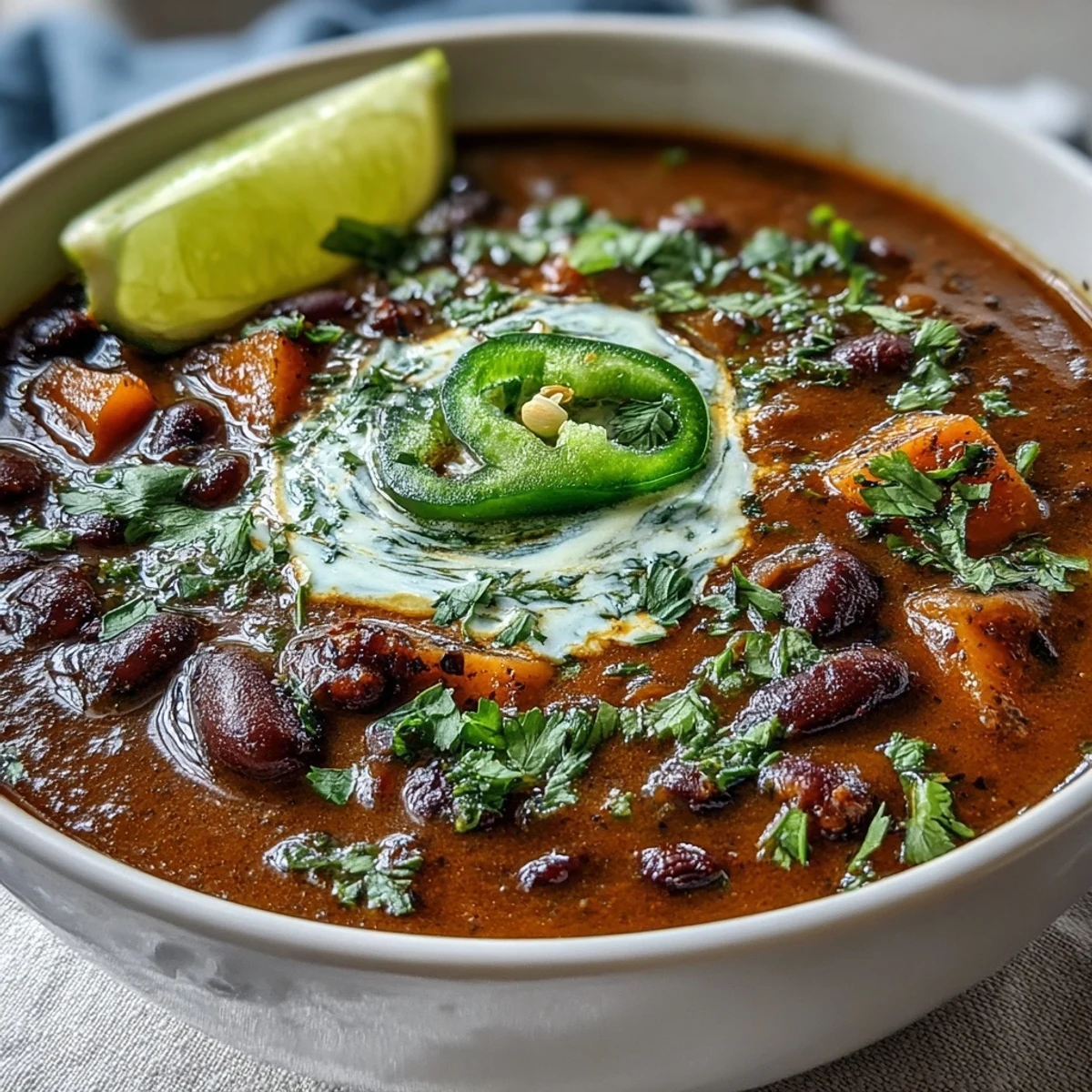 Smoky black bean and sweet potato soup with lime crema, garnished with fresh cilantro and jalapeño slices.  