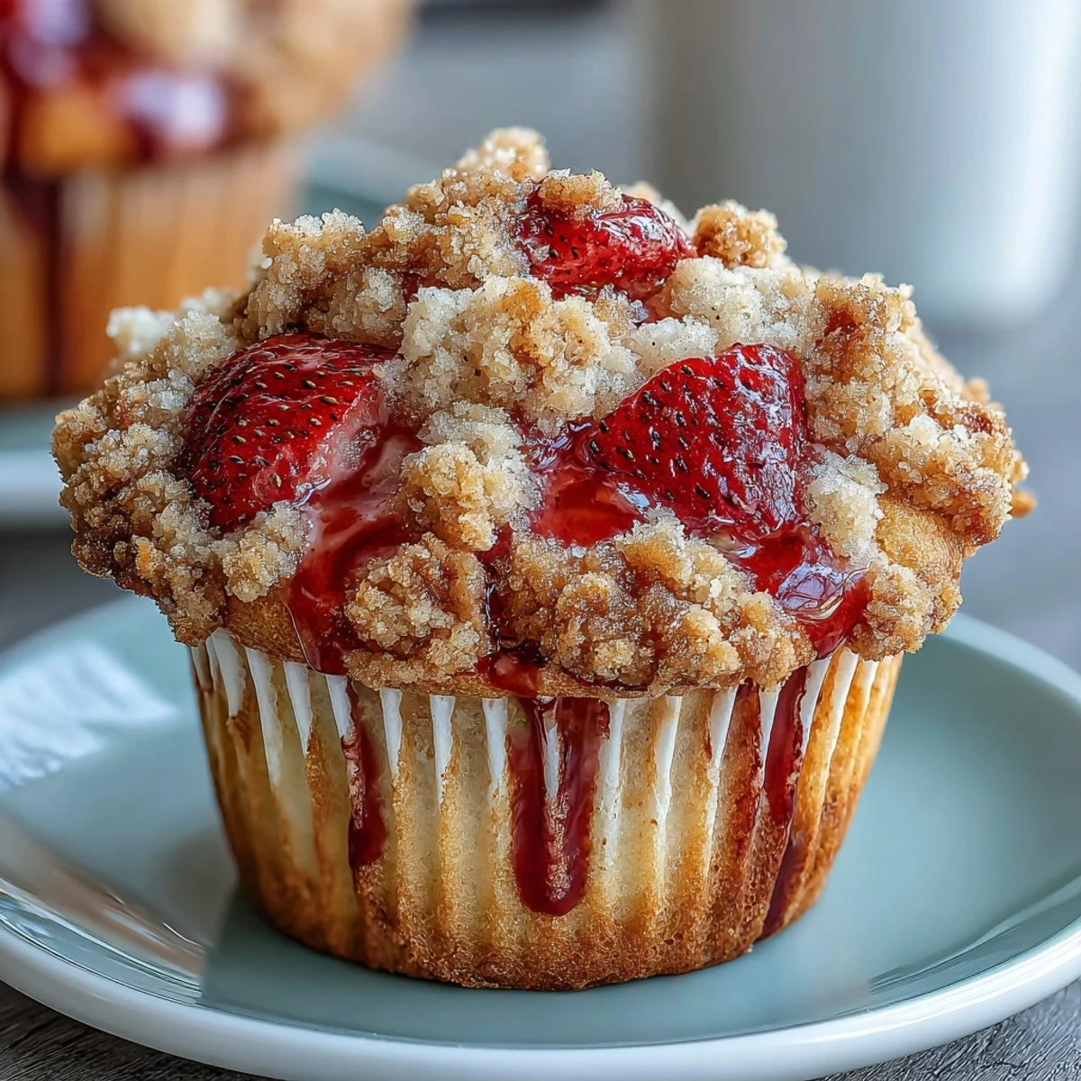 Golden crumble-topped strawberry muffins with a hint of lemon zest, offering a delightful balance of sweet and tangy flavors.