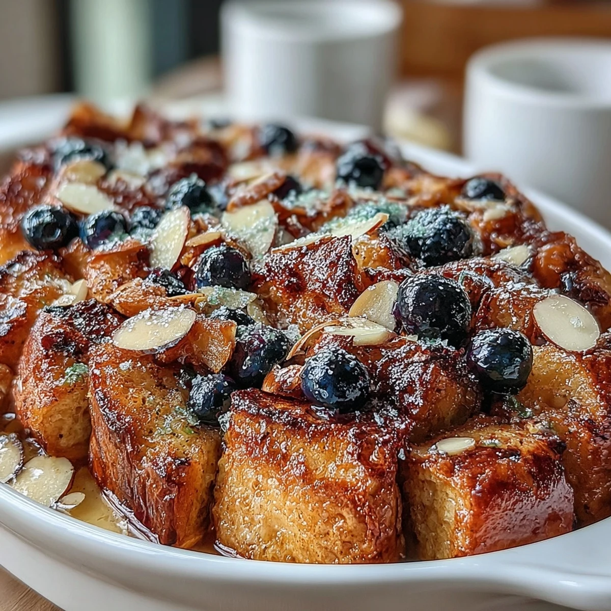 This vibrant blueberry lemon sourdough casserole features tangy citrus zest and sweet berries baked into fluffy, custard-soaked bread slices.