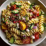 Cool, refreshing quinoa pasta salad with pomegranate, ideal for a light lunch or dinner option.