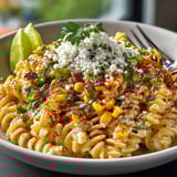 Vivid photo of Mexican Street Corn Pasta with cotija cheese "snow", ready to serve.