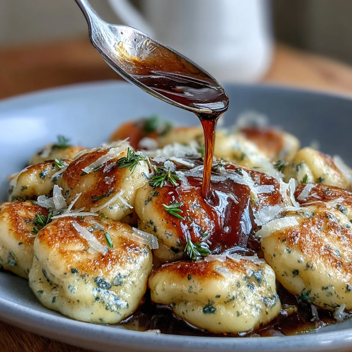 Creamy truffle-butter gnocchi with Parmesan shavings served on a white plate, garnished with fresh chives.