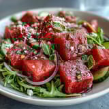 A vibrant summer salad with juicy watermelon, peppery arugula, and creamy feta, drizzled with zesty lime dressing.