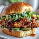 Juicy fried chicken sandwich drizzled with spicy hot honey and dill pickles.