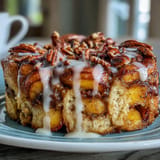 Golden brown Peach Cobbler Cinnamon Roll Casserole, perfect for brunch.