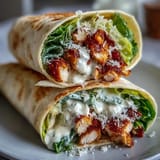 Close-up of a hearty chicken caesar wrap bursting with fresh ingredients.