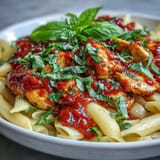 Comforting chicken pasta bake, vibrant basil and creamy tomato sauce topping.