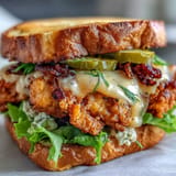 Juicy smash chicken sandwich glistening with tangy sauce and crunchy pickle chips on a bun.