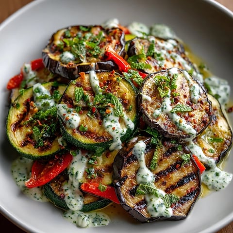 Vibrant Herbed Yogurt Zhoug Sauce coating grilled veggies, with hints of fresh herbs and spice.