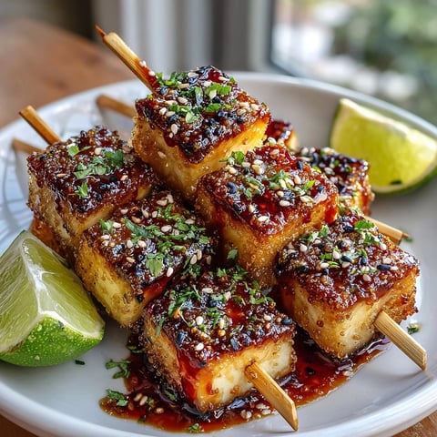 Golden Sweet Chili Tofu Satay Bites, skewered and glistening with flavorful glaze, ready for serving.